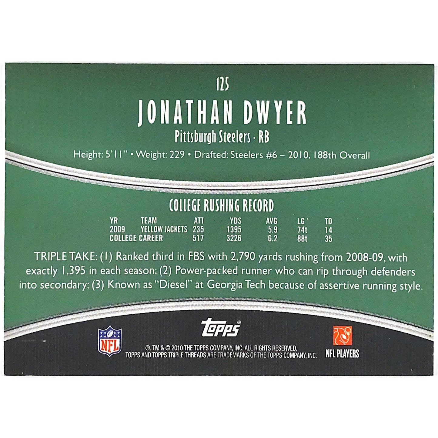 2010 Triple Threads Jonathan Dwyer Rookie Patch Auto /50