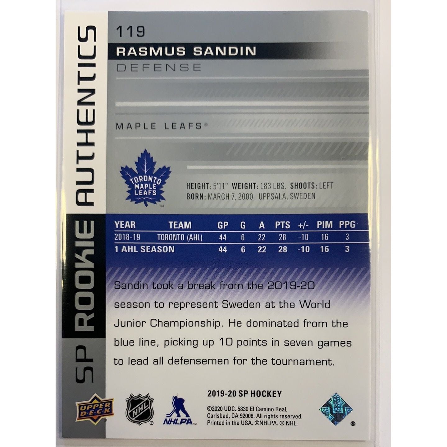 2019-20 SP Rasmus Sandin Rookie Authentics /1199 Local Legends Cards & Collectibles