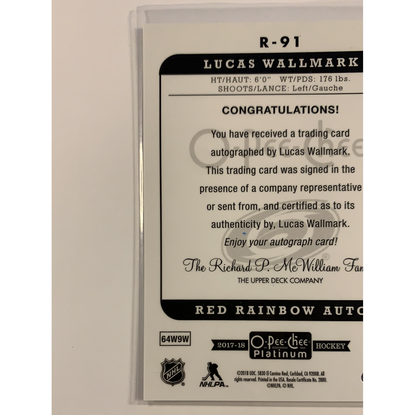 2017-18 O-Pee-Chee Lucas Wallmark Red Rainbow Marquee Rookie Auto | Local Legends Cards & Collectibles