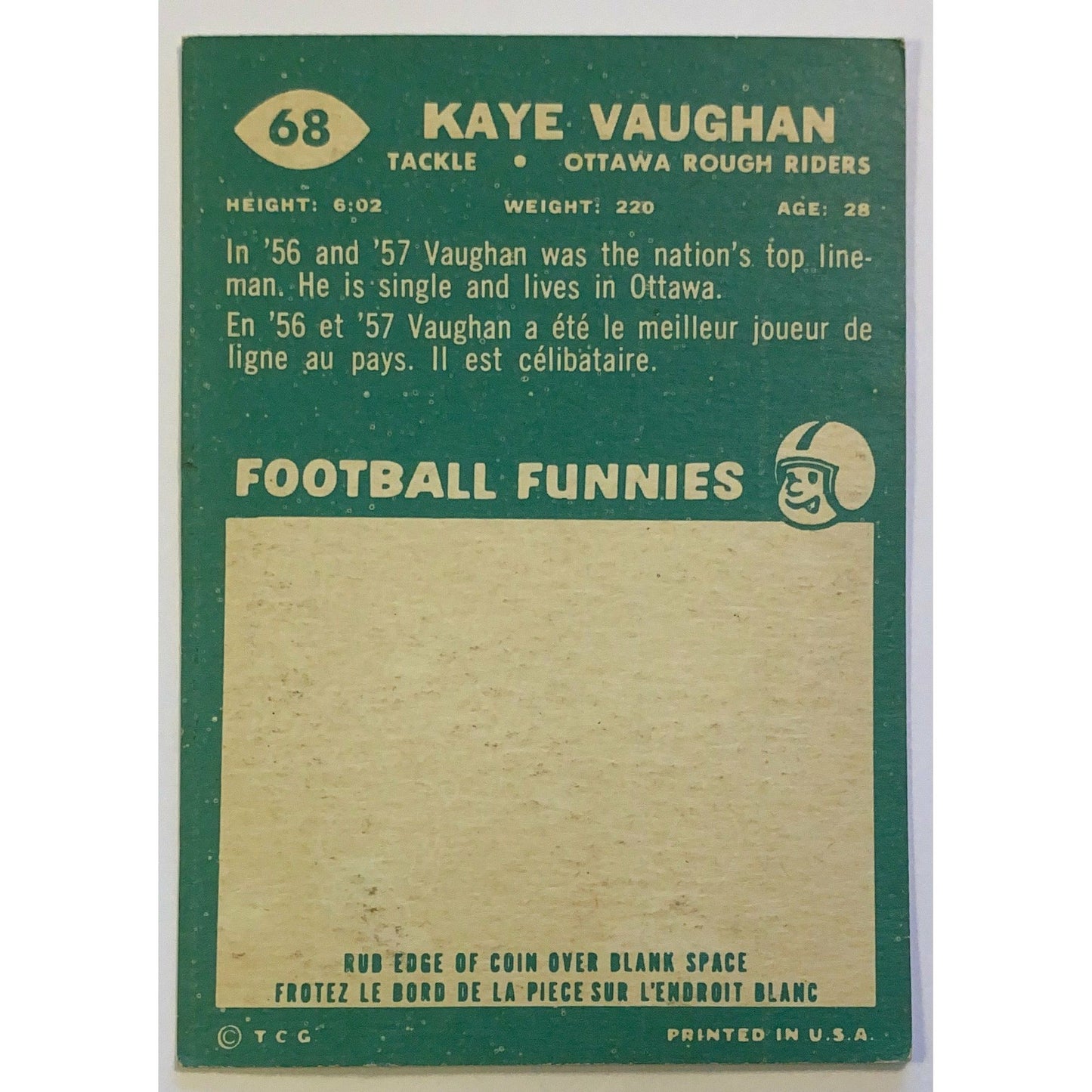 1960 Topps CFL Kaye Vaughan #68 | Local Legends Cards & Collectibles