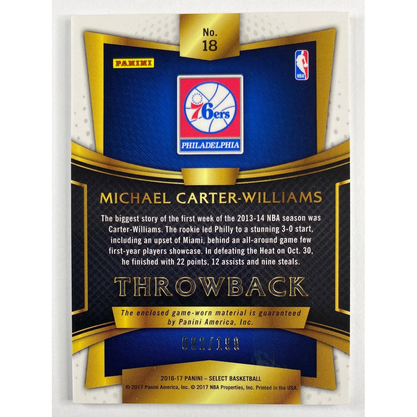2016-17 Select Michael Carter-Williams Throwback Patch /199 | Local Legends Cards & Collectibles
