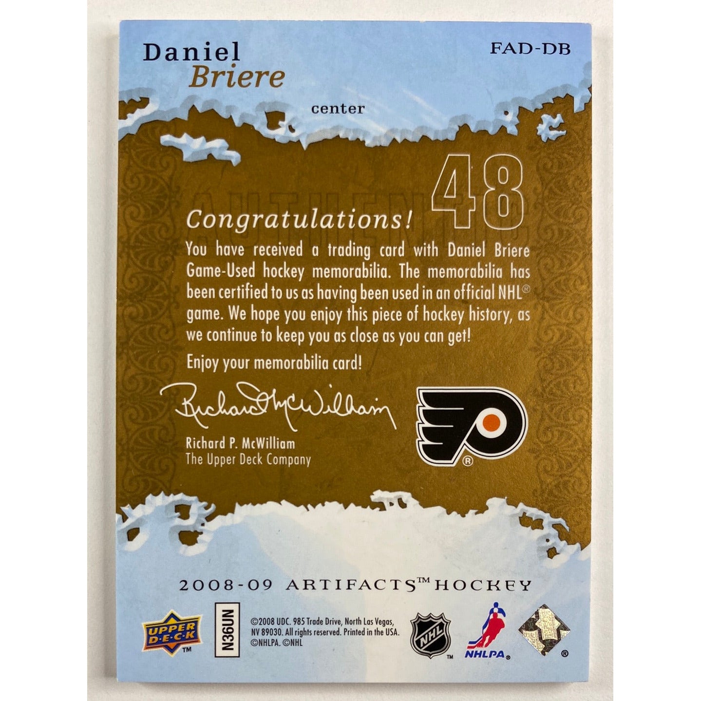 2008-09 Artifacts Daniel Briere Frozen Artifacts Jersey and Patch /50 | Local Legends Cards & Collectibles