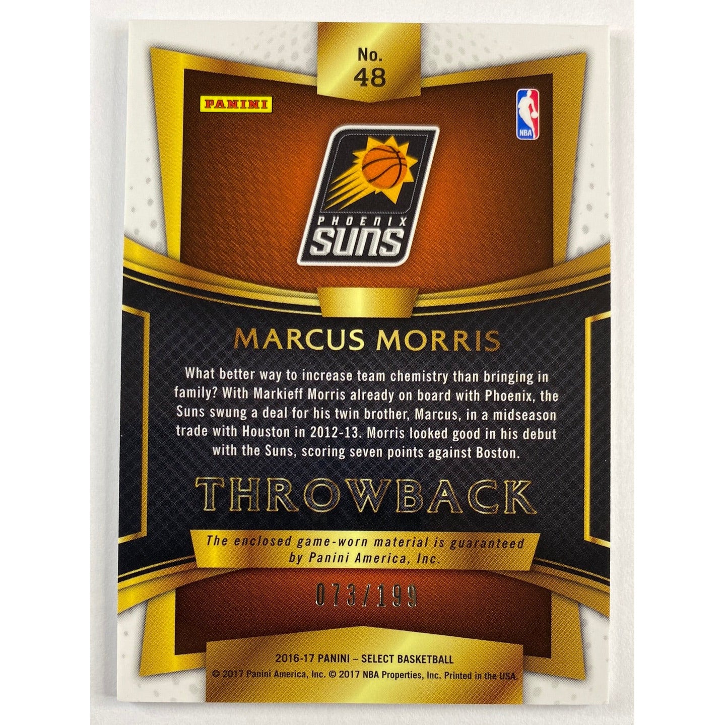 2016-17 Select Marcus Morris Throwback Patch /199 | Local Legends Cards & Collectibles