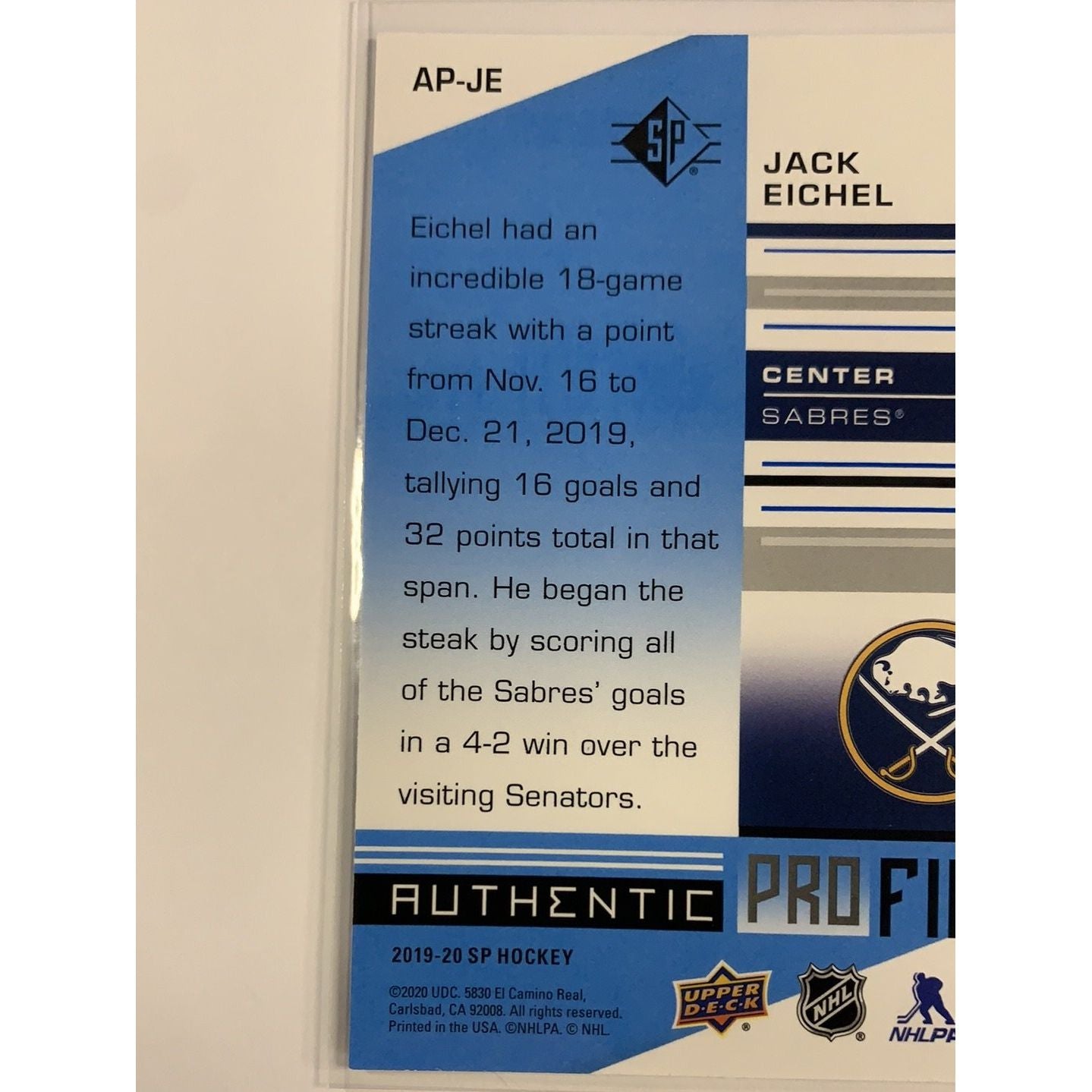 2019-20 SP Jack Eichel Authentic Pro Files Local Legends Cards & Collectibles