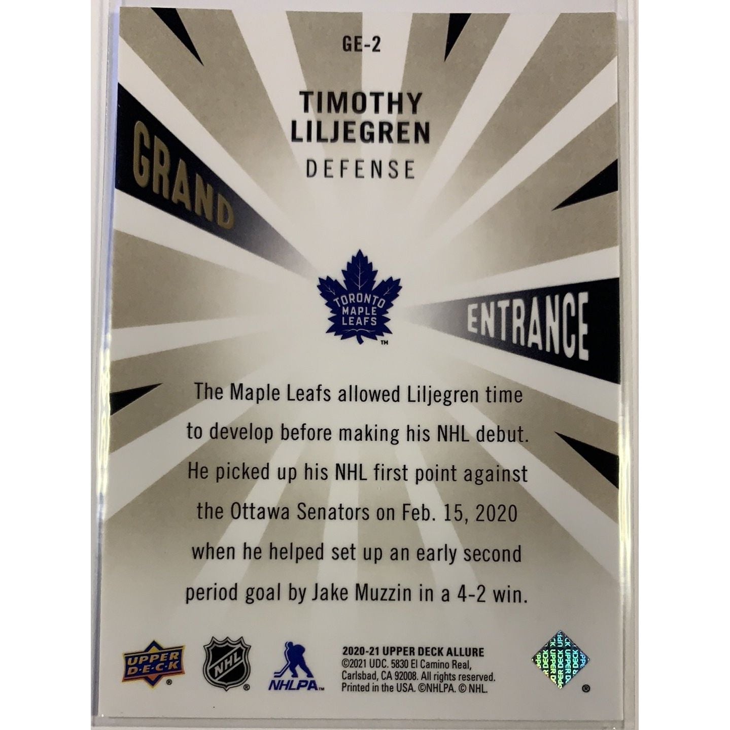2020-21 Allure Timothy Liljegren Grand Entrance Local Legends Cards & Collectibles