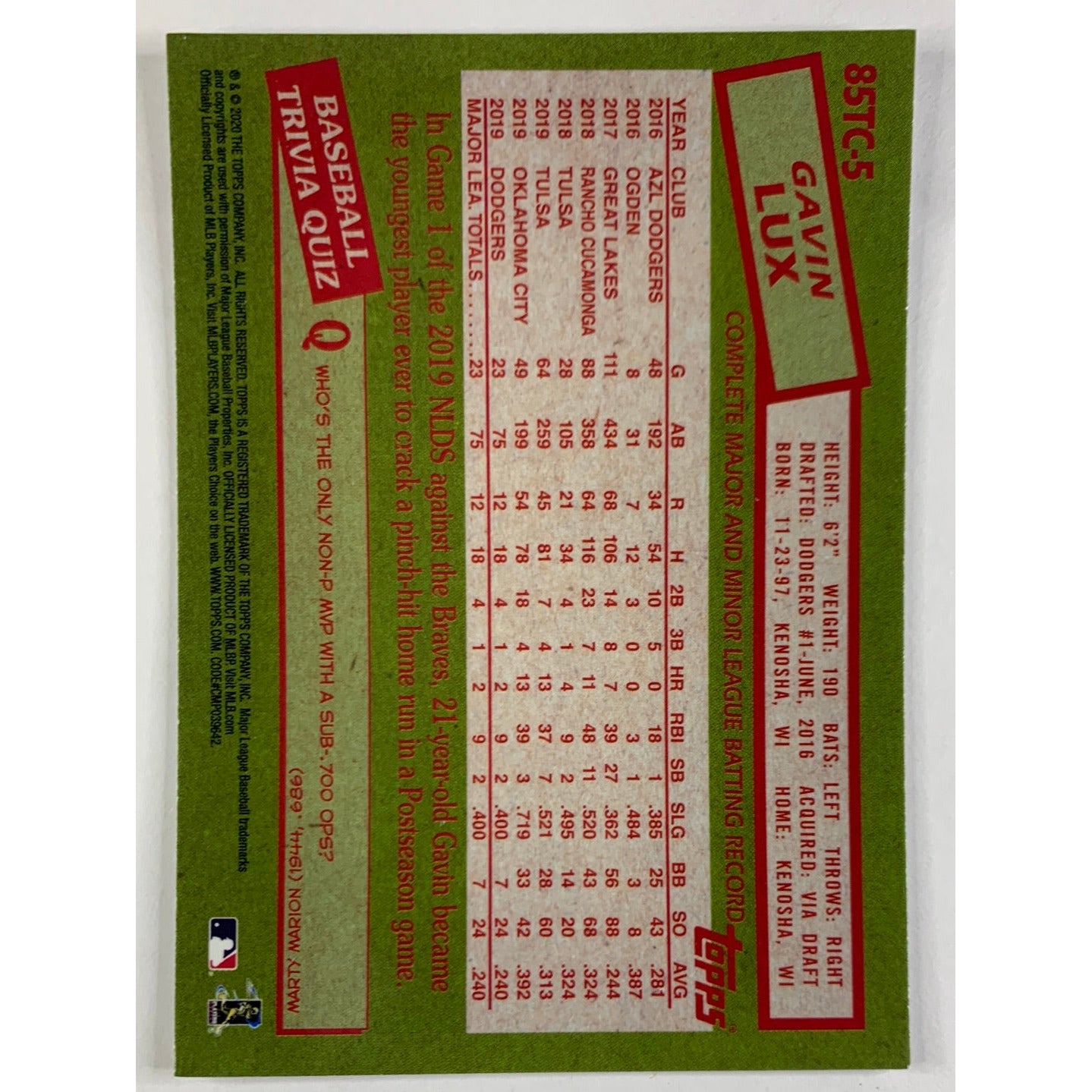 2020 Topps Chrome Gavin Lux 35th Anniversary RC | Local Legends Cards & Collectibles