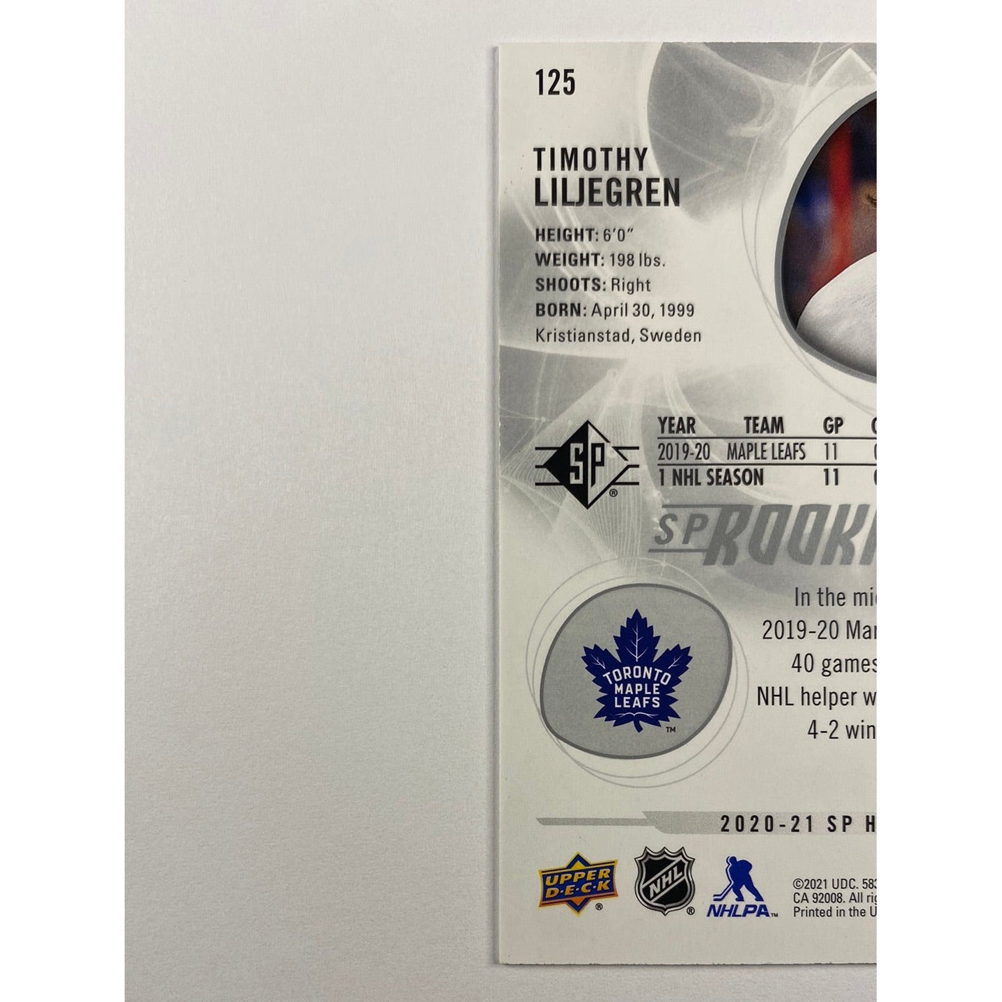 2020-21 SP Authentics Timothy Liljegren Rookie Authentics /2299