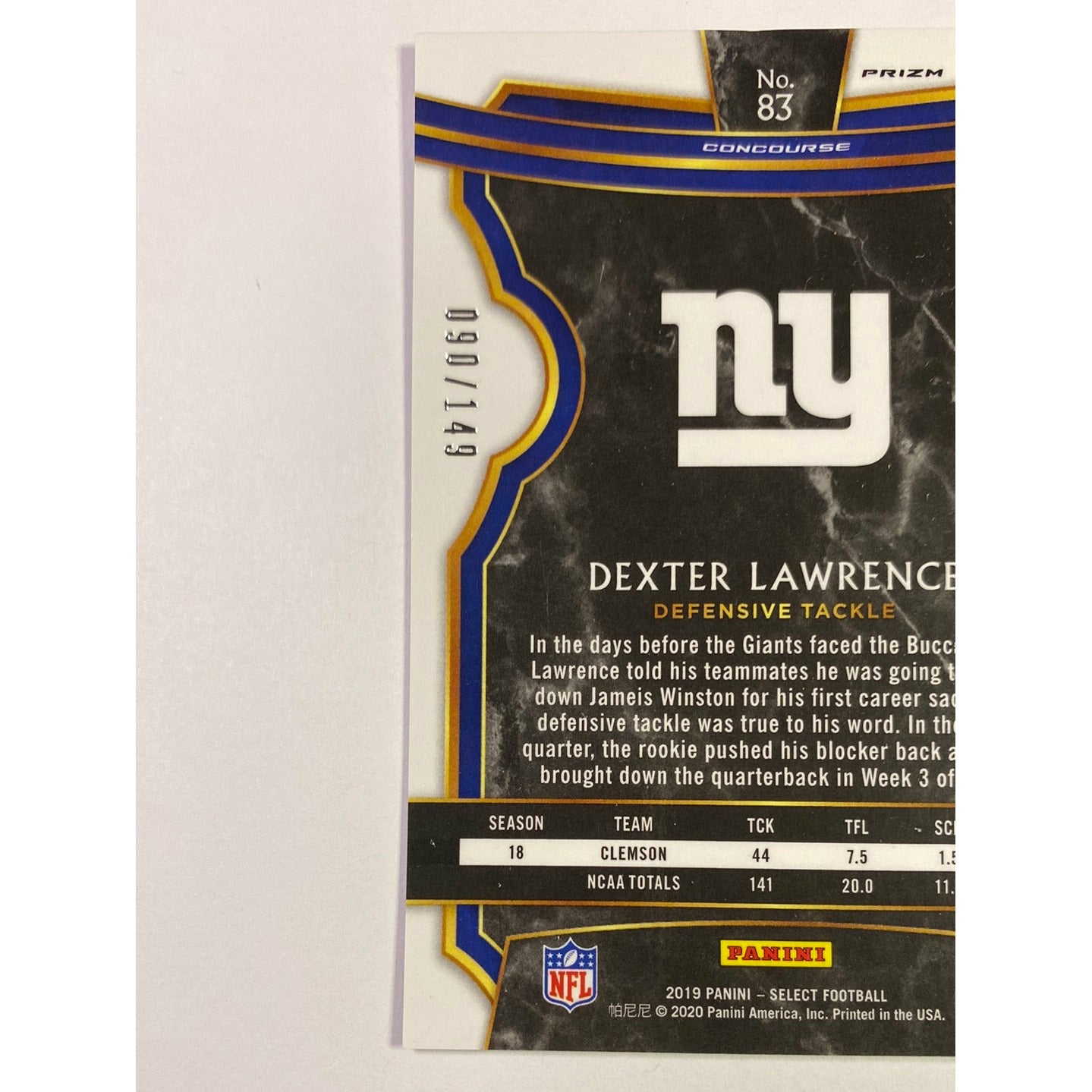 2019 Select Dexter Lawrence Ruby Prizm RC /149