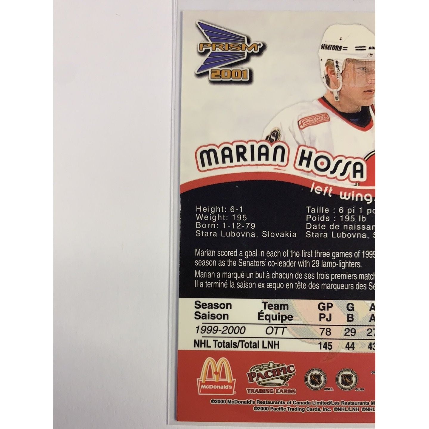 2000-01 Pacific Prism Marian Hossa Blue Parallel | Local Legends Cards & Collectibles