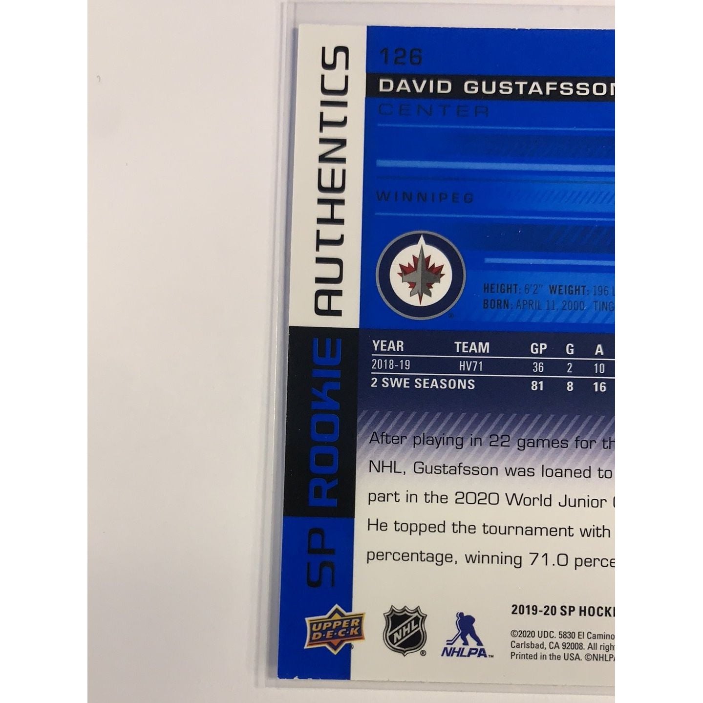 2019-20 SP David Gustafsson Rookie Authentics | Local Legends Cards & Collectibles