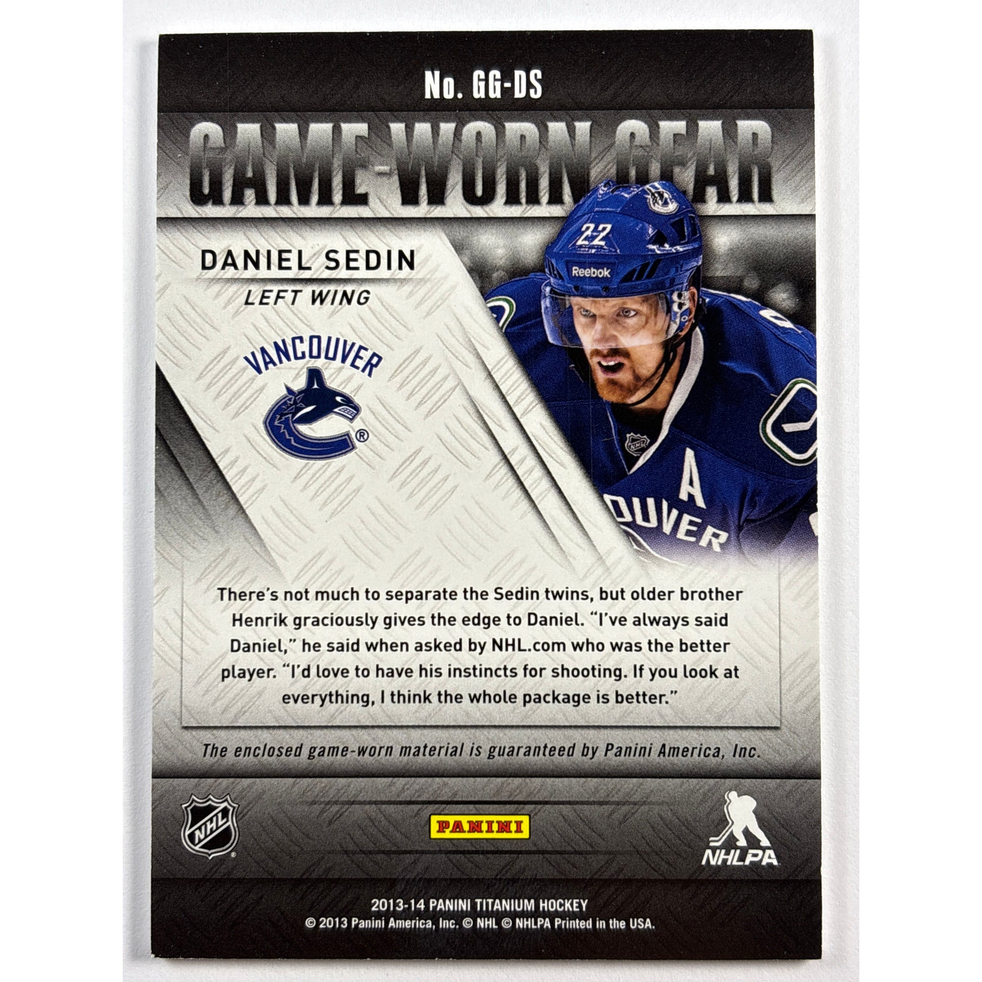 2013-14 Panini Titanium Daniel Sedin Game Worn Jersey Patch | Local Legends Cards & Collectibles