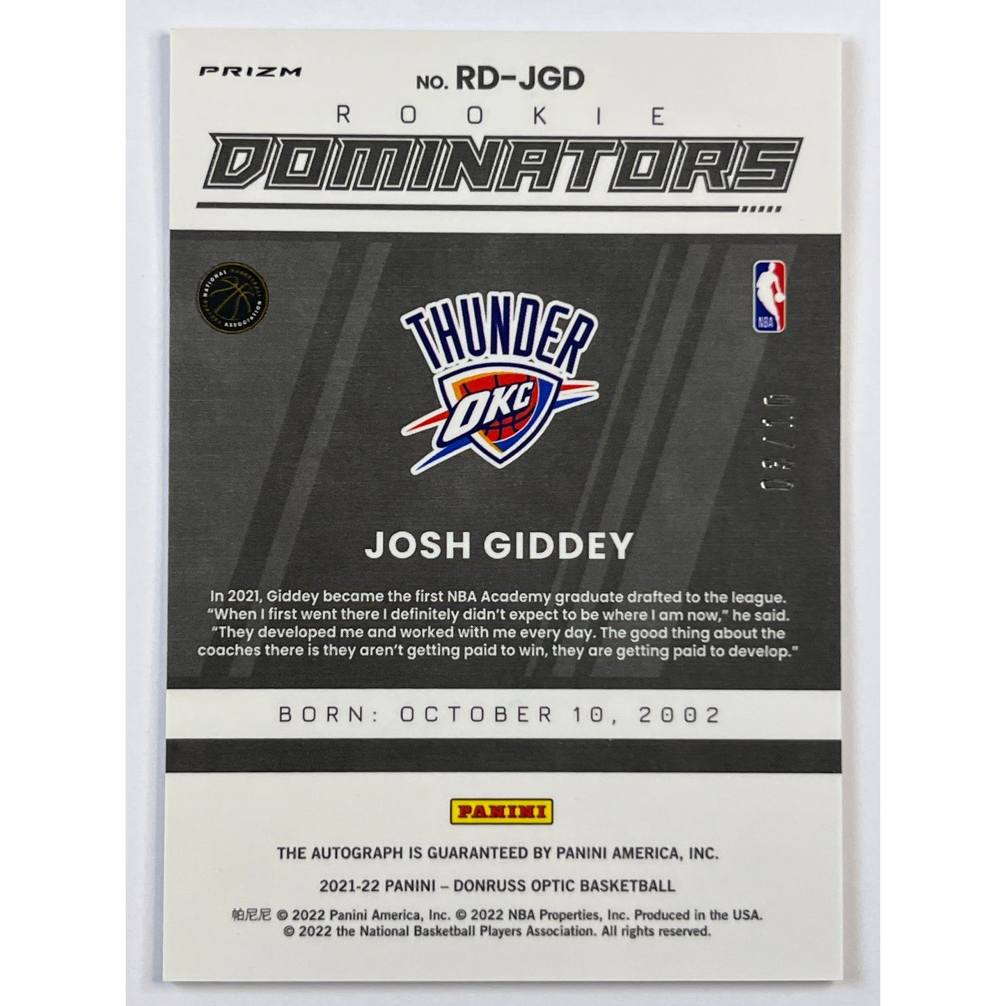 2021-22 Donruss Optic Josh Giddey Rookie Dominators Gold Holo Rookie Auto /10