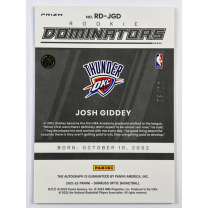2021-22 Donruss Optic Josh Giddey Rookie Dominators Gold Holo Rookie Auto /10
