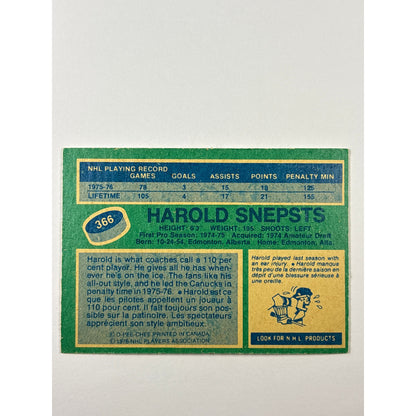 1976-77 O-Pee-Chee Harold Snepts 2nd Year #366 | Local Legends Cards & Collectibles