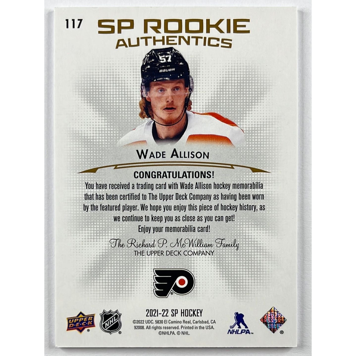 2021-22 SP Wade Allison SP Rookie Authentics Patch