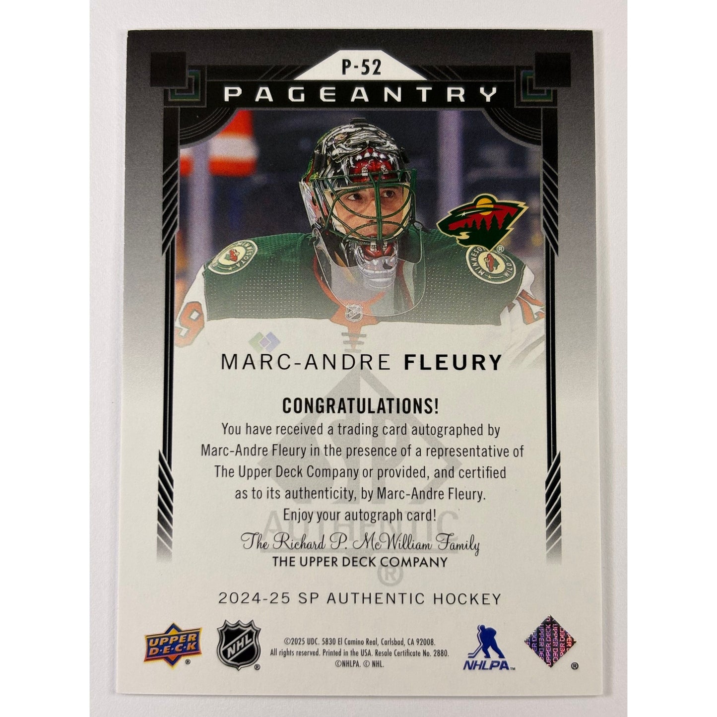 2024-25 SP Authentic Marc Andre Fleury Pageantry Auto SP