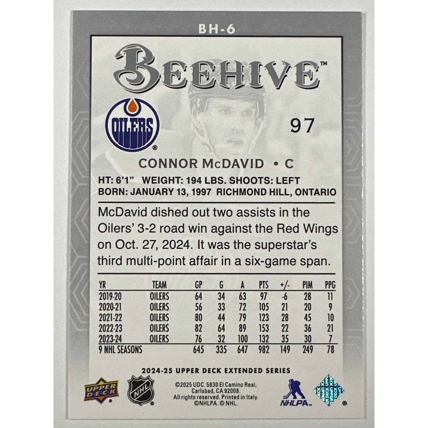 2024-25 Upper Deck Extended Series Connor McDavid Bee Hive
