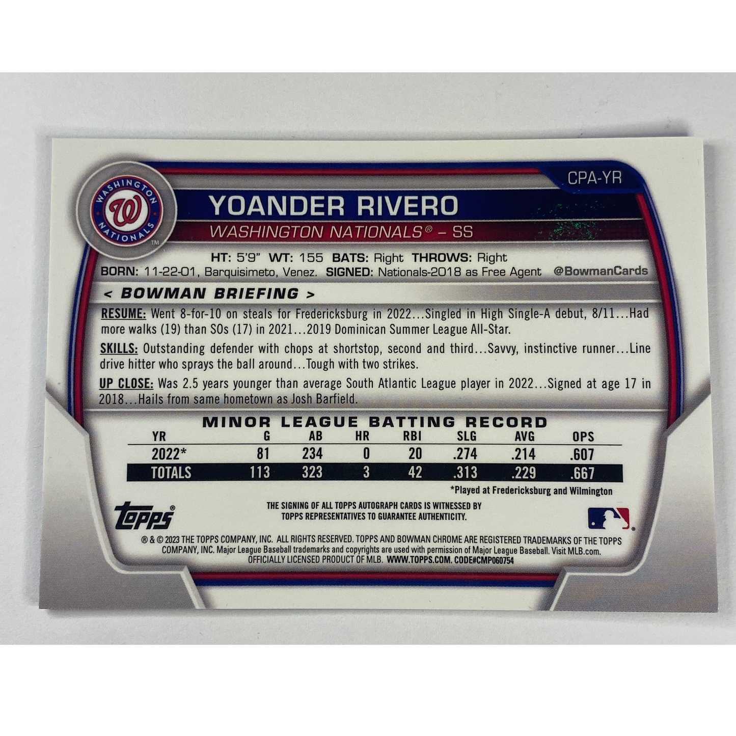 2023-24 Topps Bowman 1st Chrome Yoander Rivero Purple Refractor Auto /250