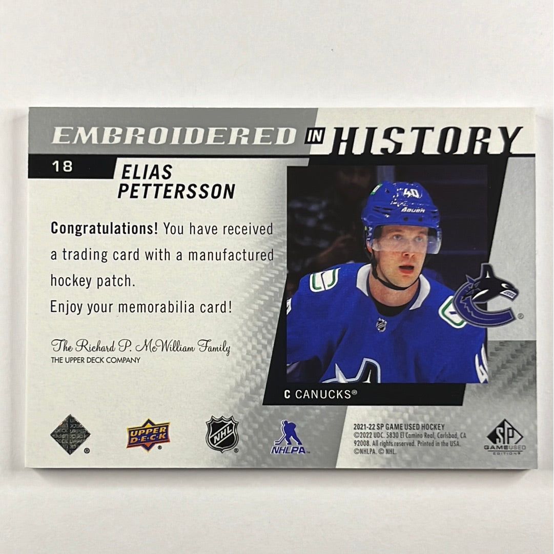 2021-22 SP Game Used Elias Pettersson “Golden Boy” Embroidered In History