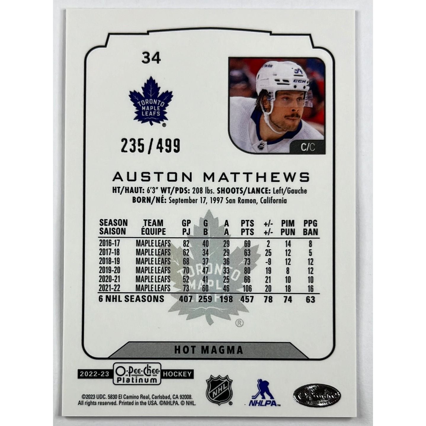 2022-23 O-Pee-Chee Platinum Auston Mathews Hot Magma /499