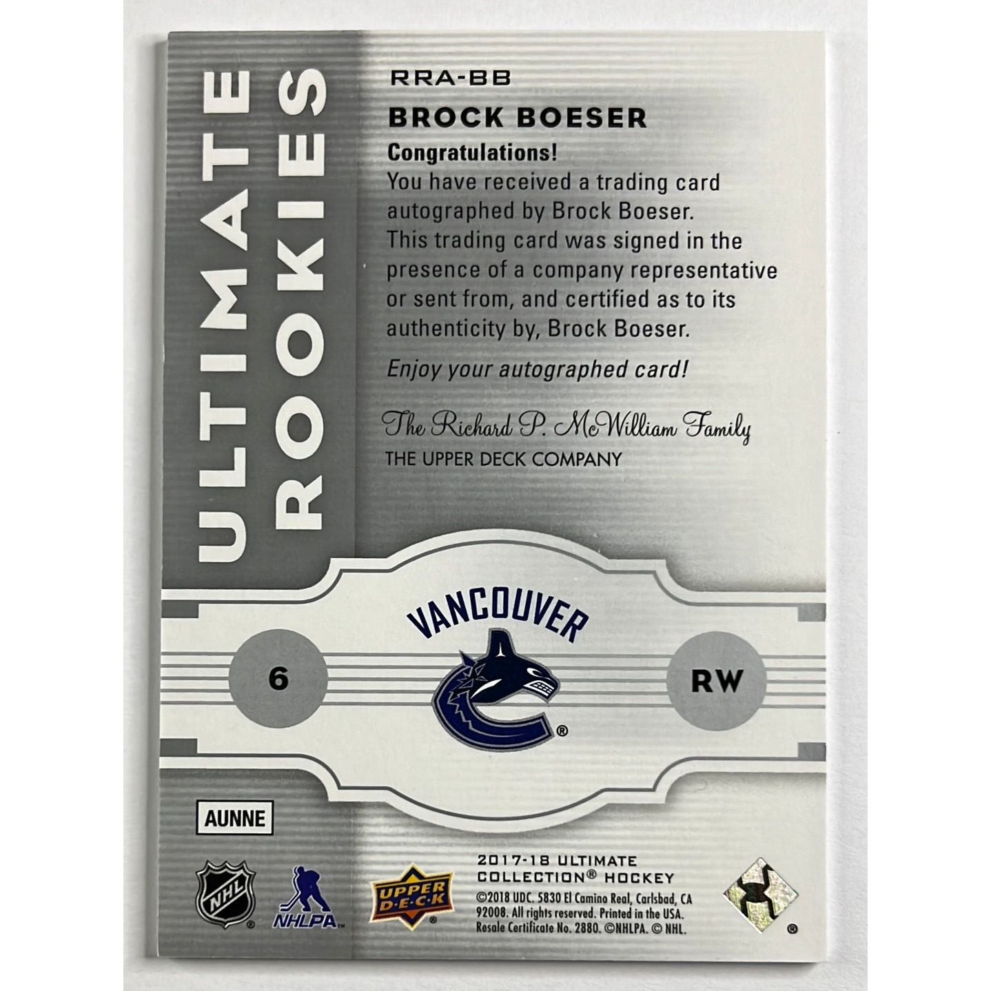 2017-18 Ultimate Collection Brock Boeser Ultimate Rookies Auto 16/199