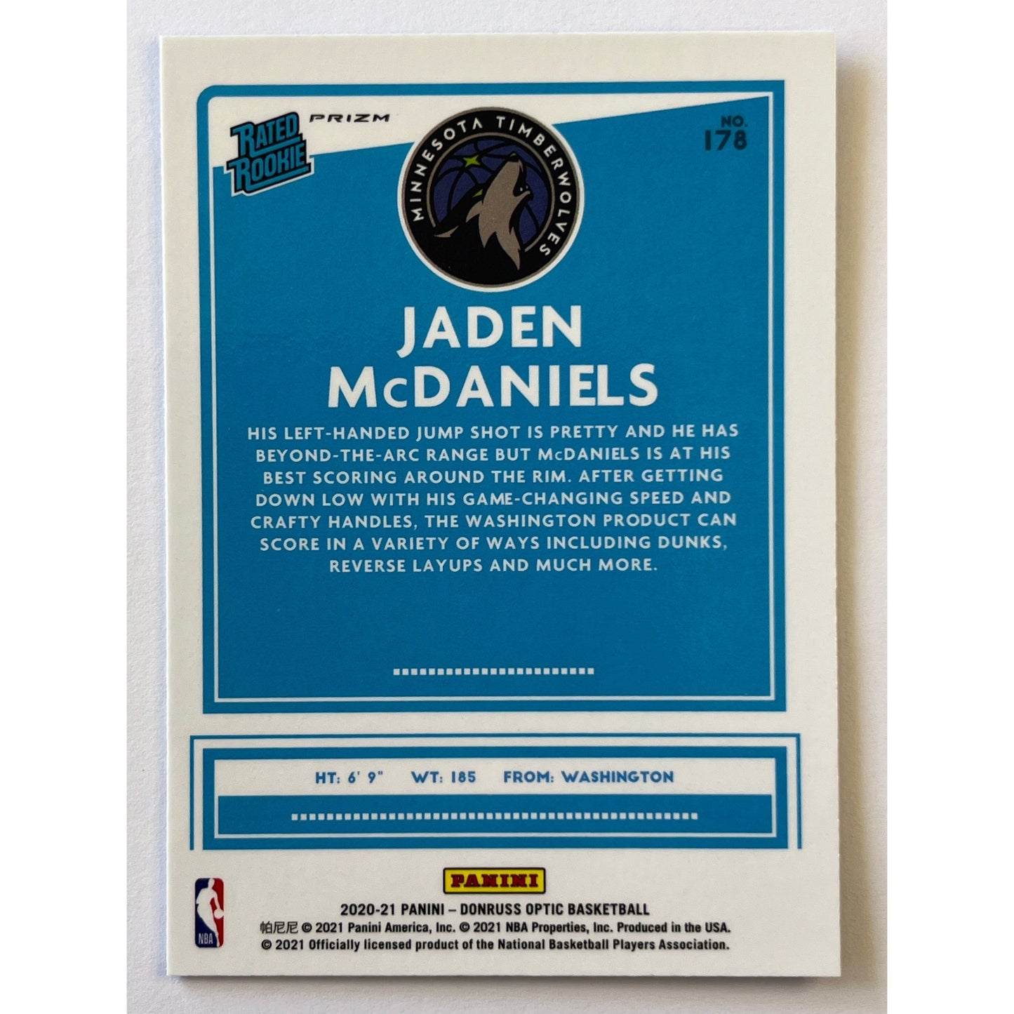 2020-21 Donruss Optic Jaden McDaniels Blue Velocity Rated Rookie