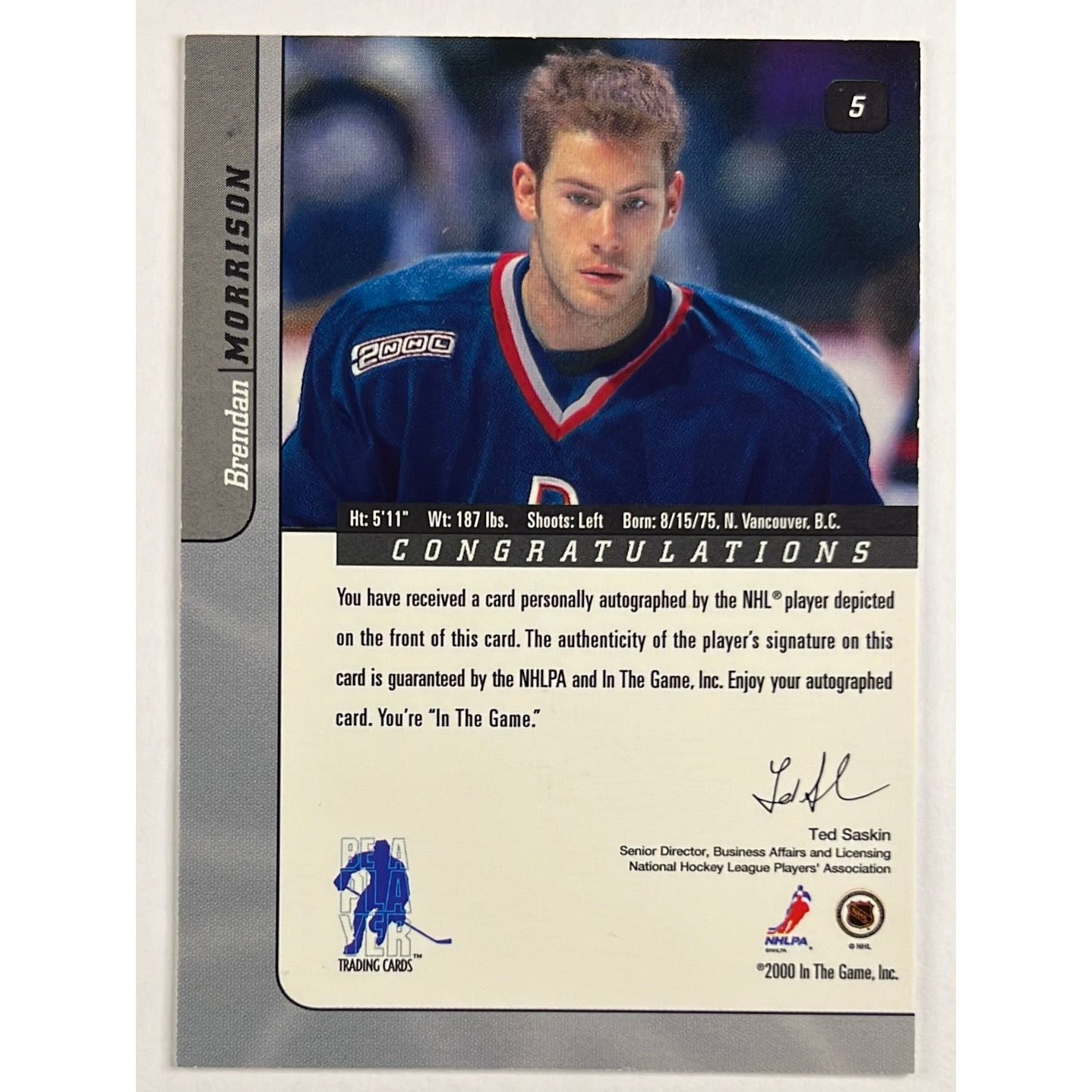 2000-01 In The Game Brendan Morrison Signature Series Auto