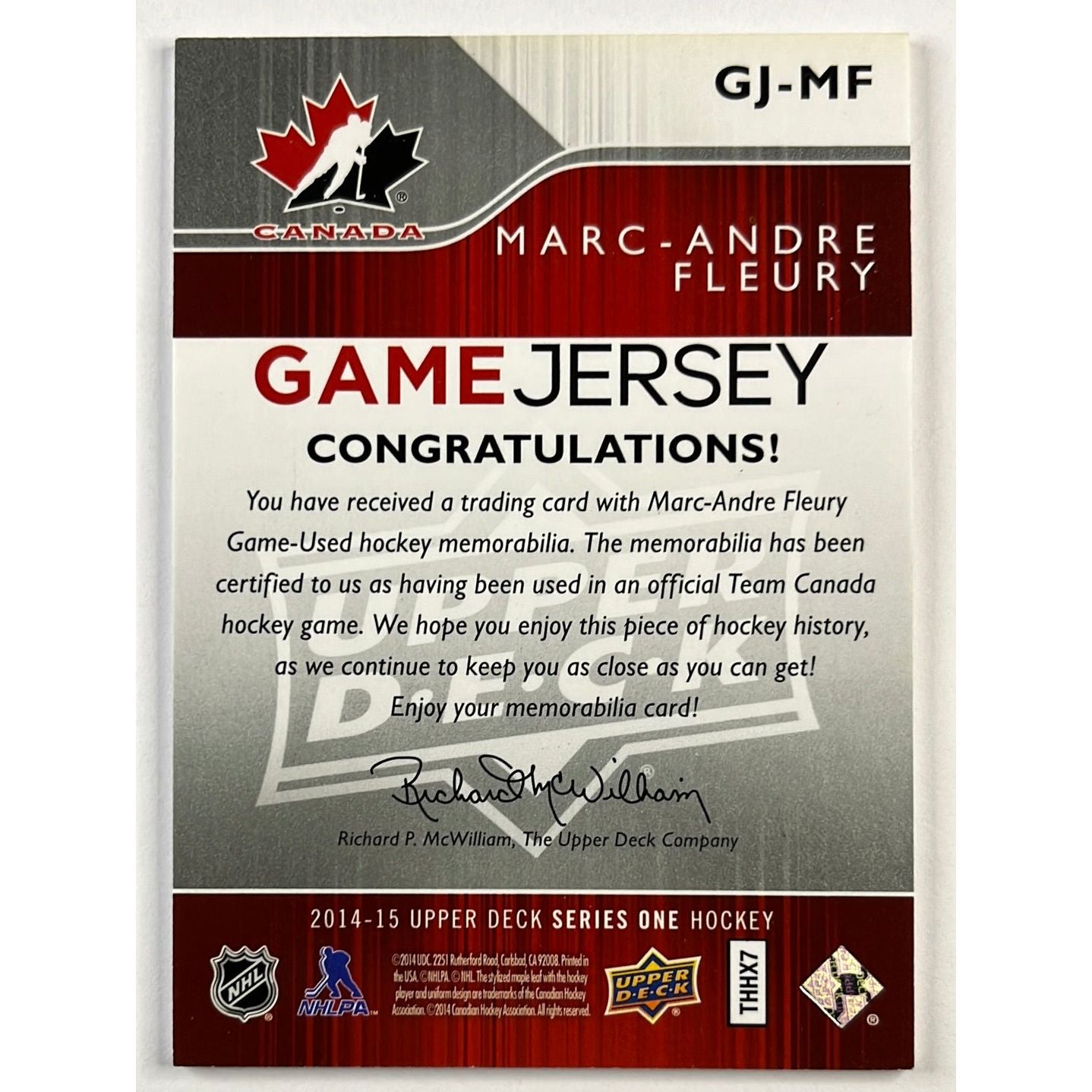 2014-15 Upper Deck Marc-Andre Fleury UD Game Jersey