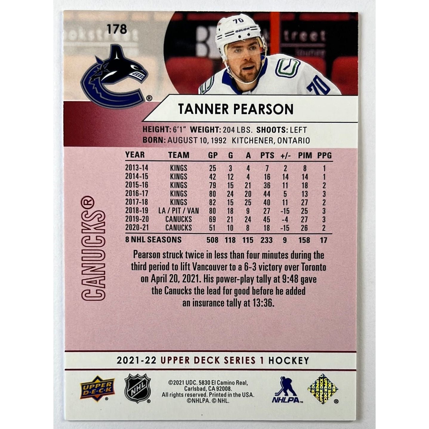 2021-22 Series 1 Tanner Pearson UD Exclusives 92/100