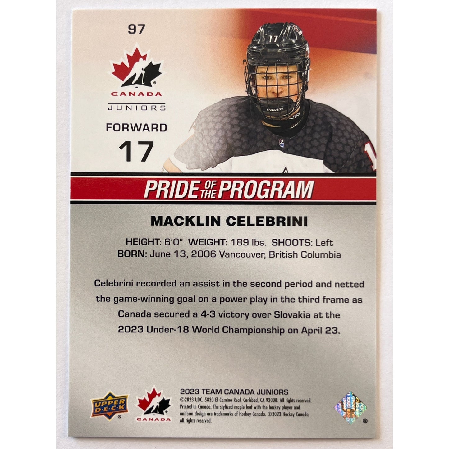 2023 Team Canada Juniors Macklin Celebrini Pride Of The Program