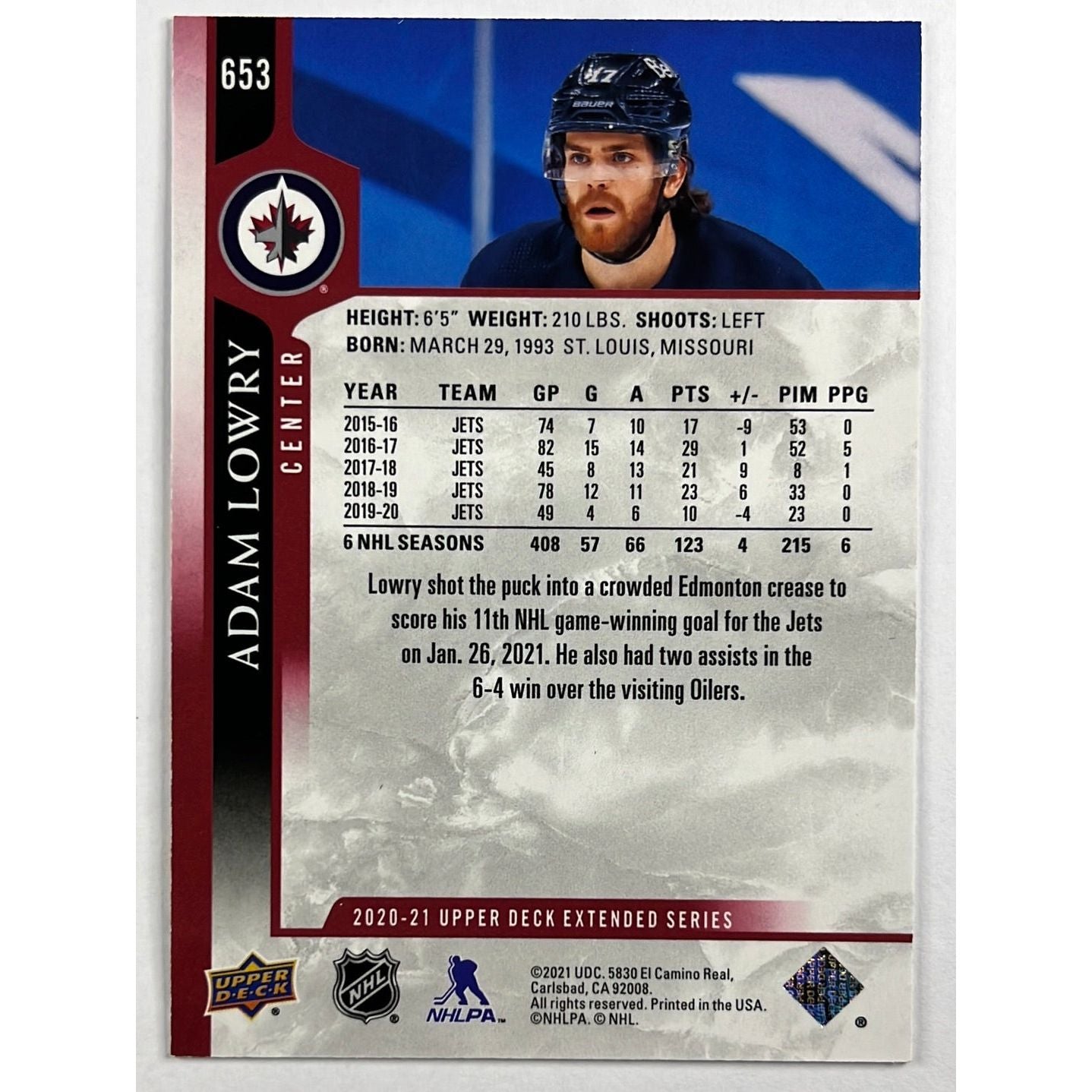 2020-21 Extended Series Adam Lowry UD Exclusives 50/100