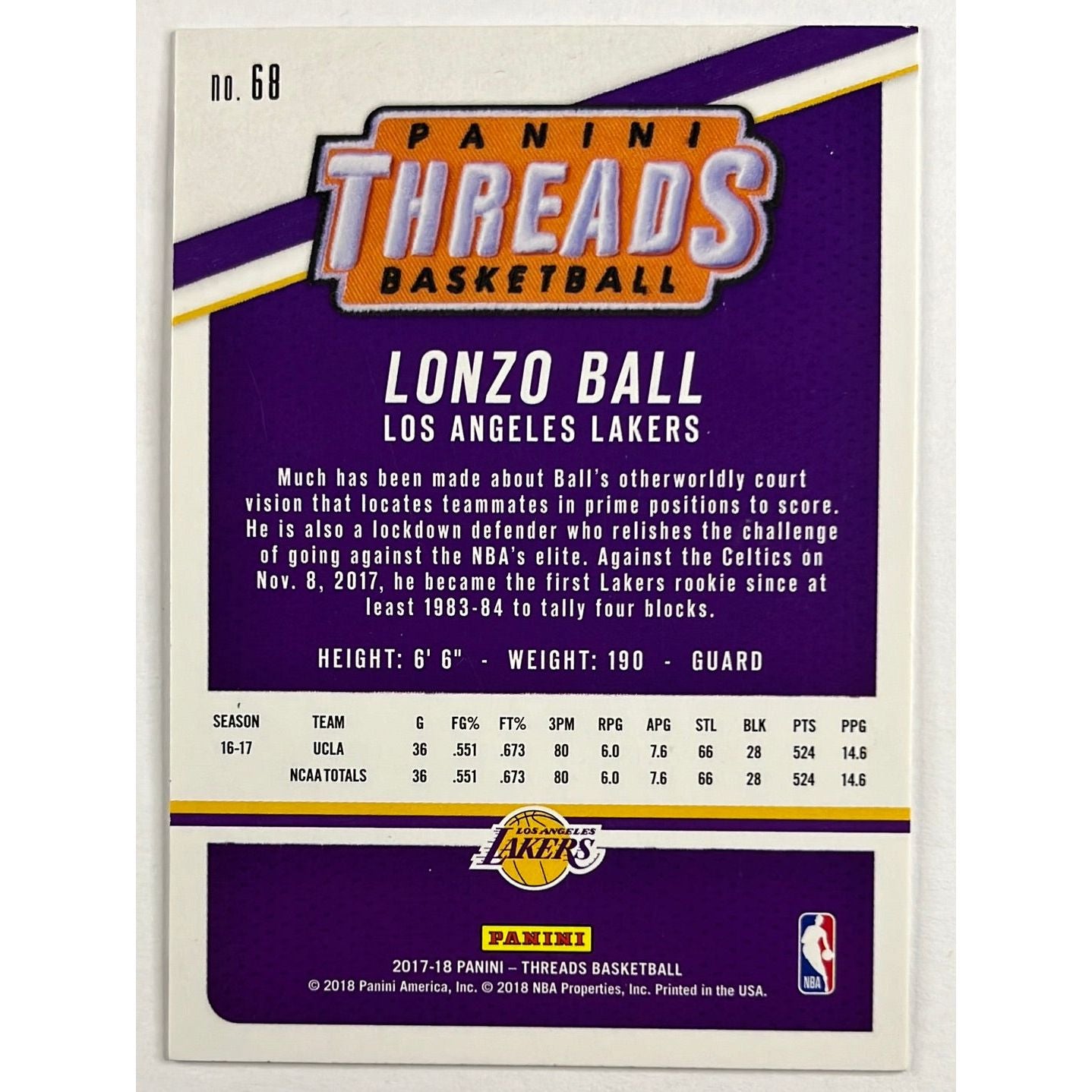 2017-18 Threads Lonzo Ball RC