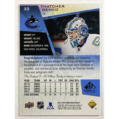 2021-22 SP Game Used Thatcher Demko Auto