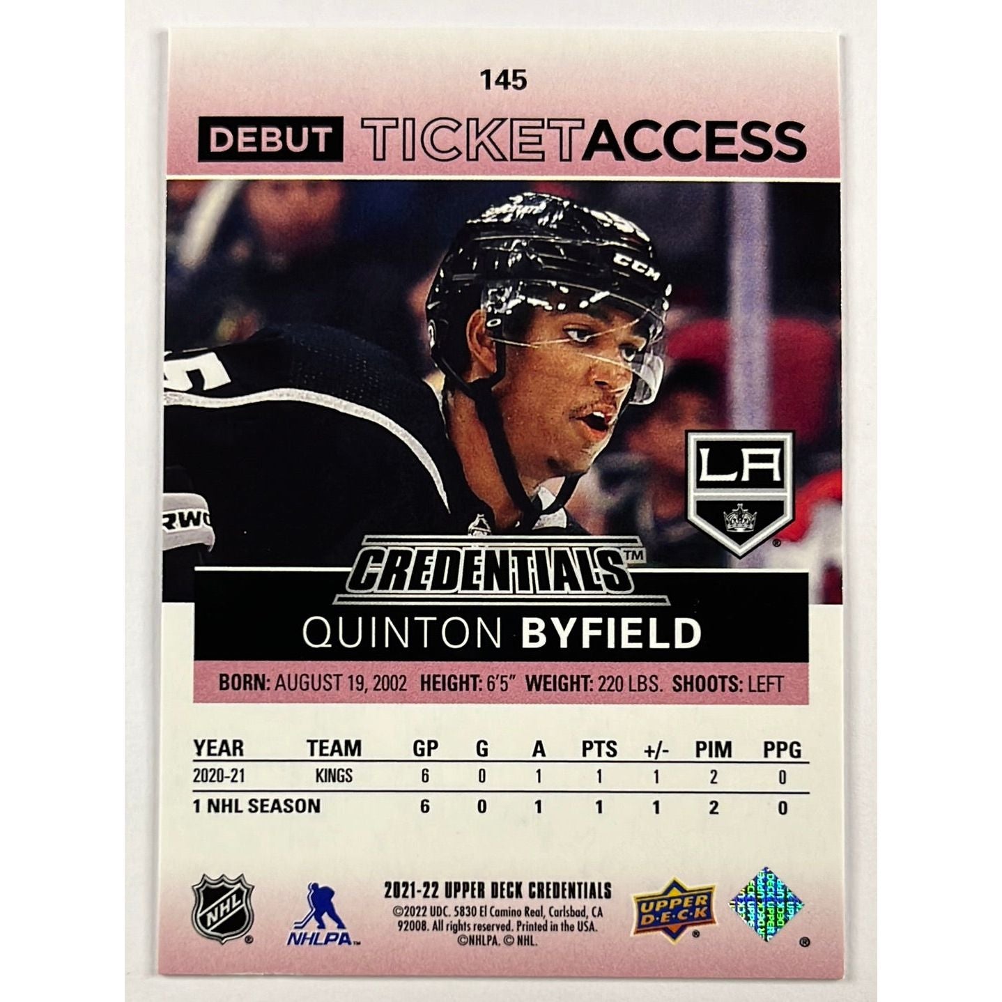 2021-22 Upper Deck Credentials Quinton Byfield Debut Ticket Access /199