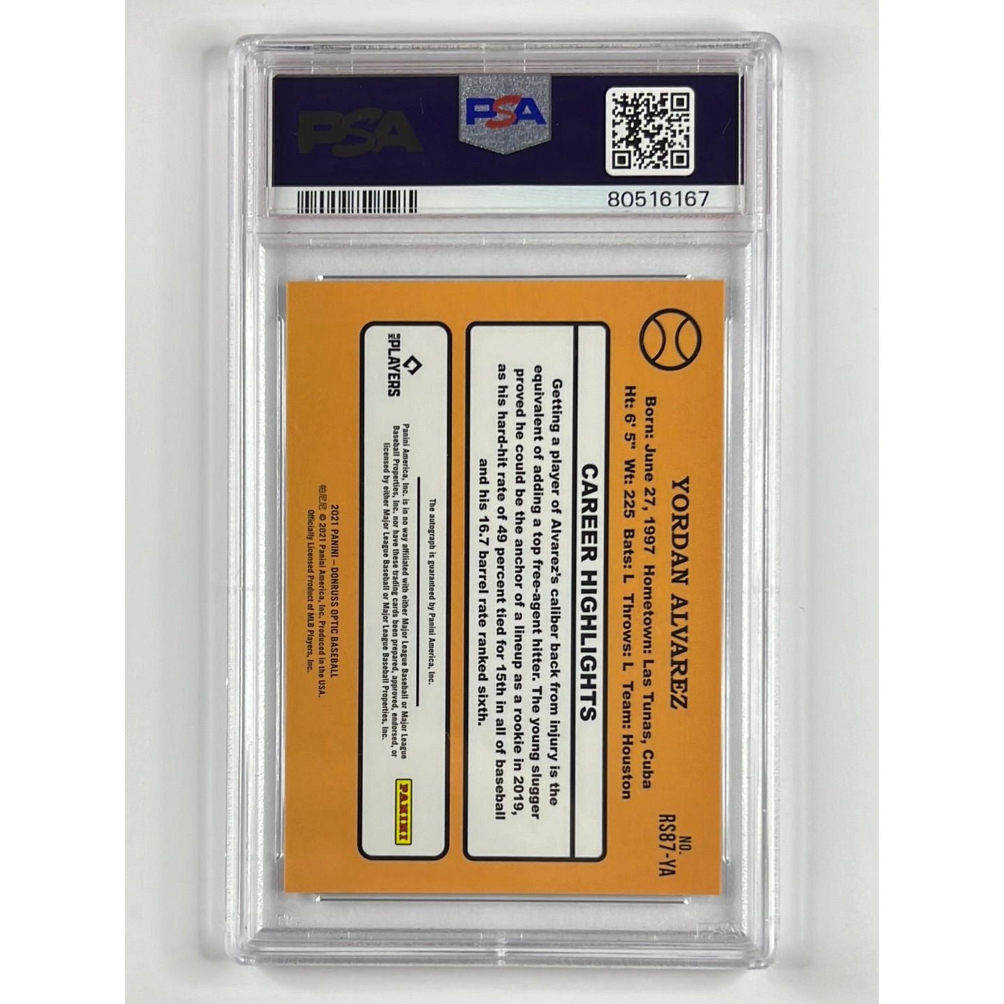 2021 Donruss Optic Yordan Alvarez Retro 1987 Signatures PSA 10 GEM MINT #YA