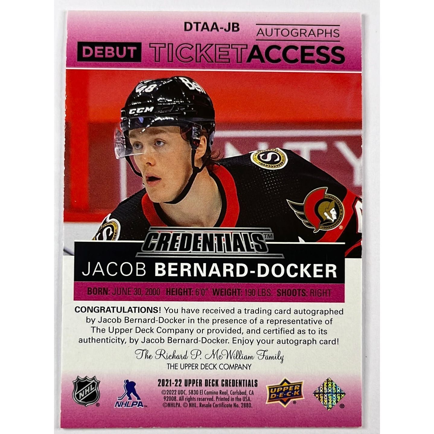 2021-22 Credentials Jacob Bernard Docker Debut Ticket Access Autographs /99