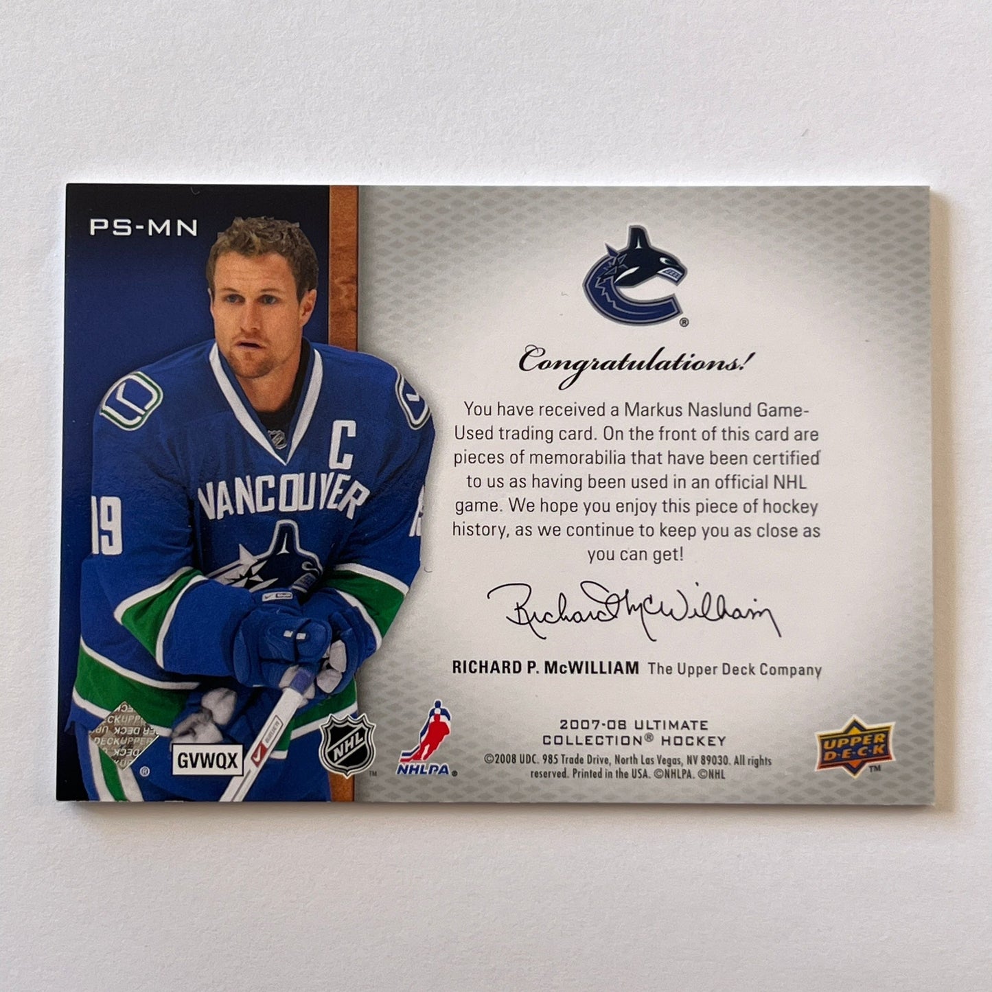2007-08 Ultimate Collection Markus Naslund Premium Swatches Authentic Memorabilia /50