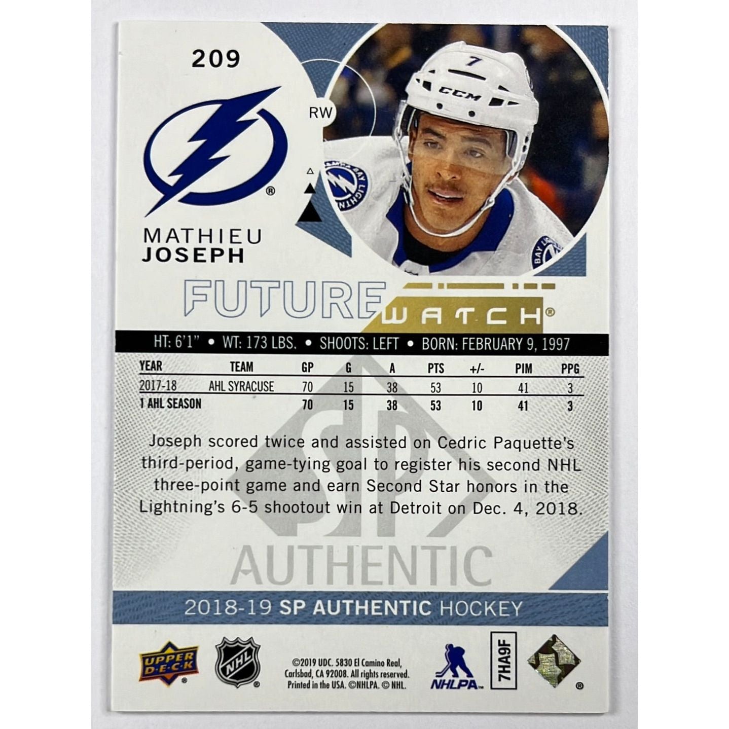 2018-19 SP Authentic Mathieu Joseph Future Watch /999