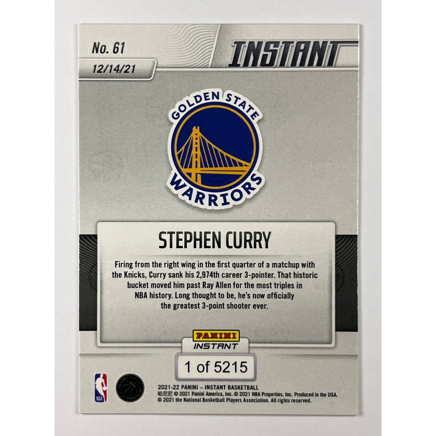 2021-22 Panini Instant Stephen Curry “NBA All Time 3-Point Leader” /5215