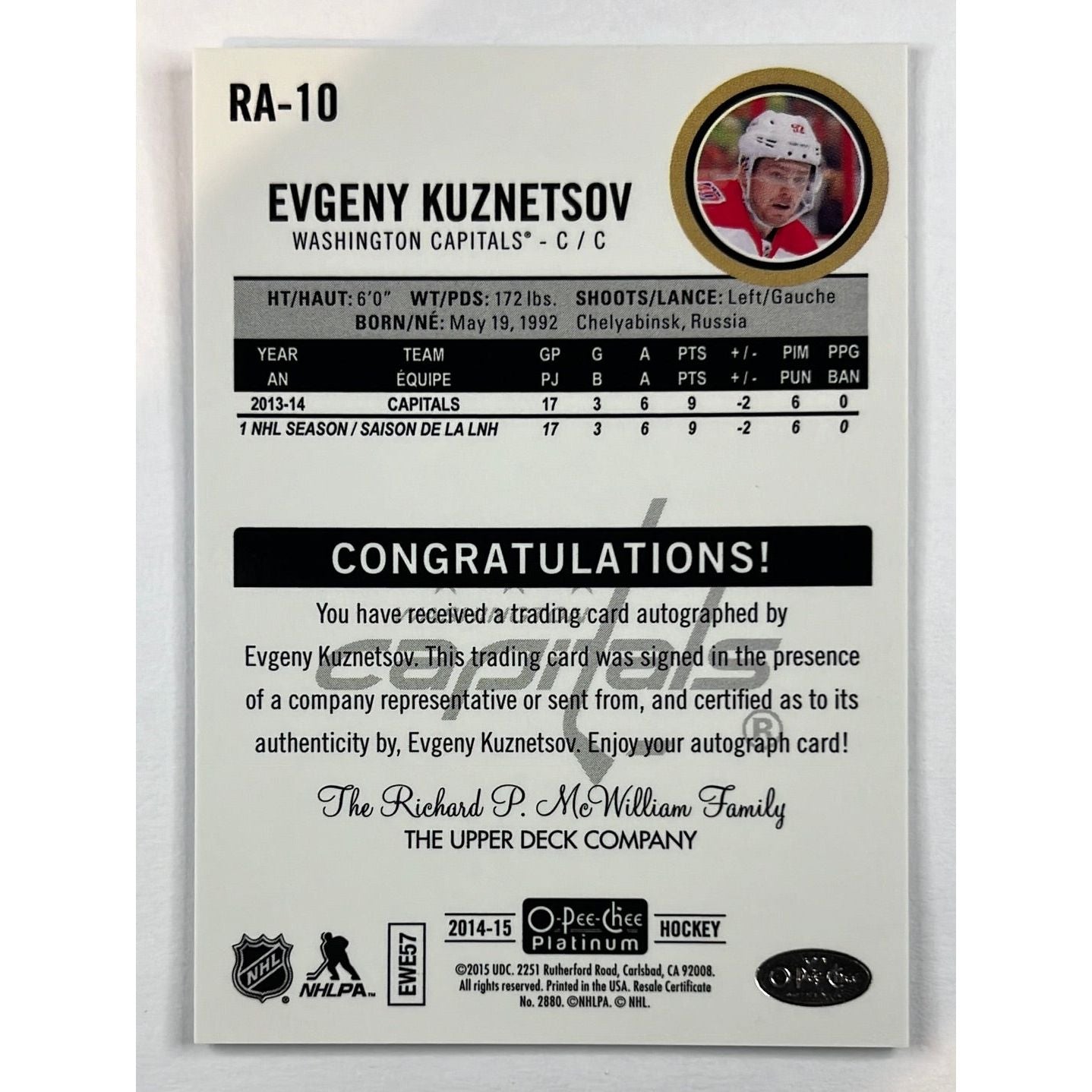 2014-15 O-Pee-Chee Platinum Evgeny Kuznetsov Rookie Auto