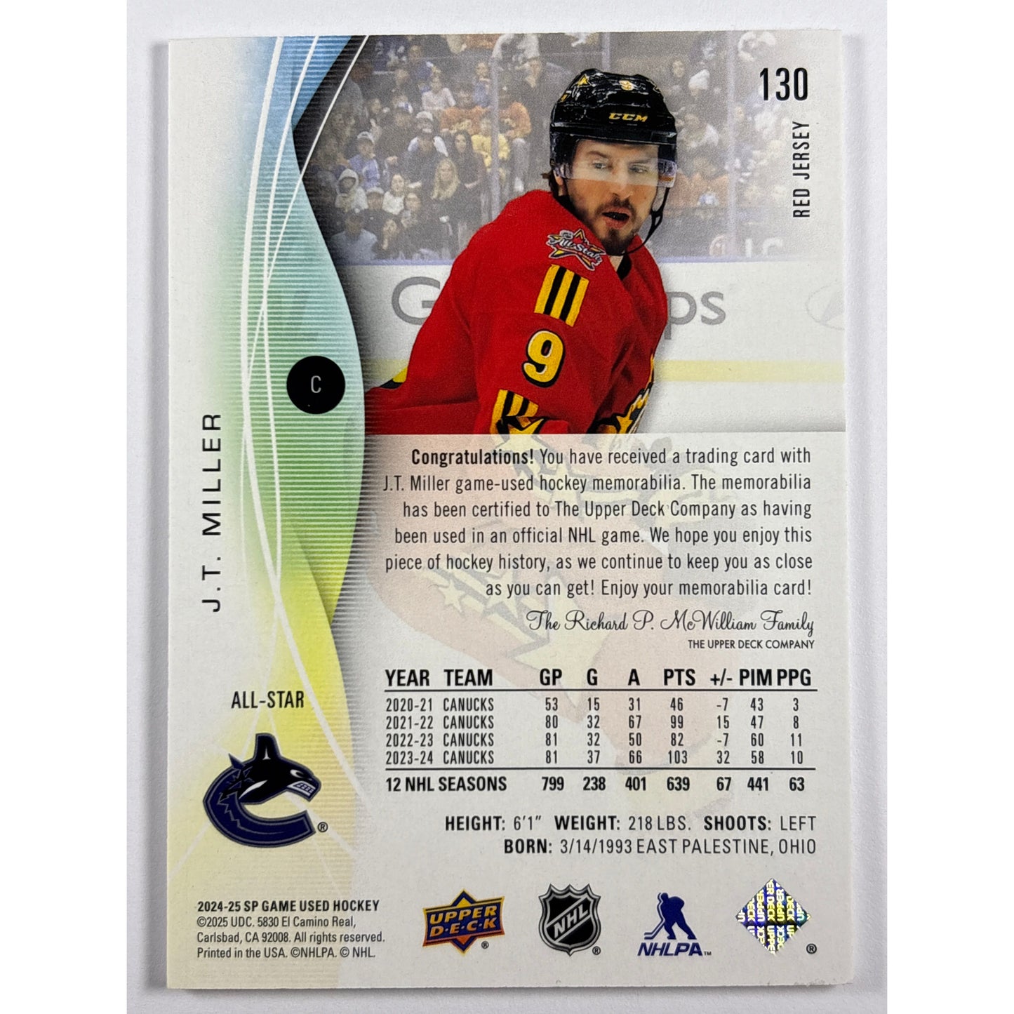 2024-25 SP Game Used J.T. Miller All-Star Game Jersey Patch