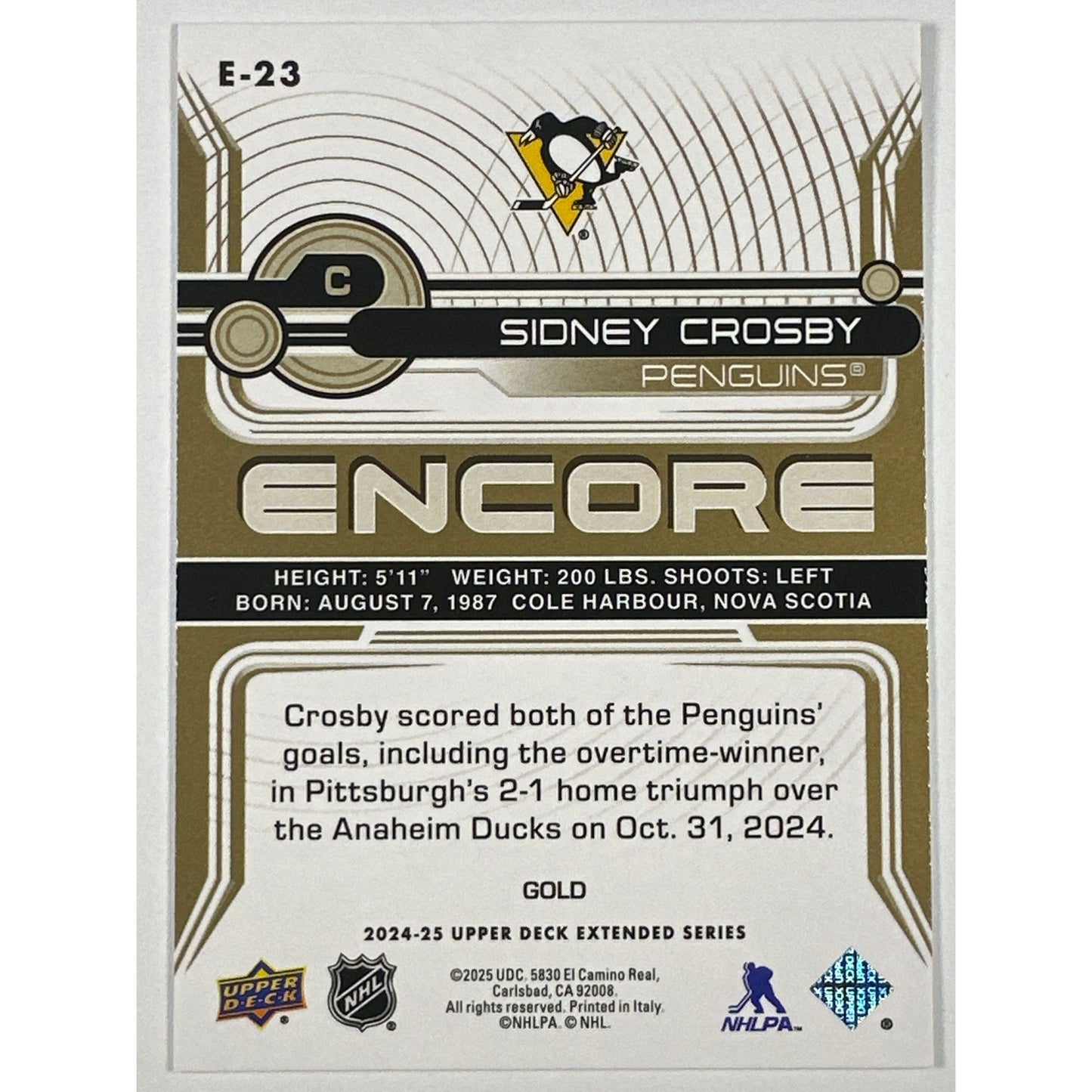 2024-25 Upper Deck Extended Series Sidney Crosby Encore Gold Foil