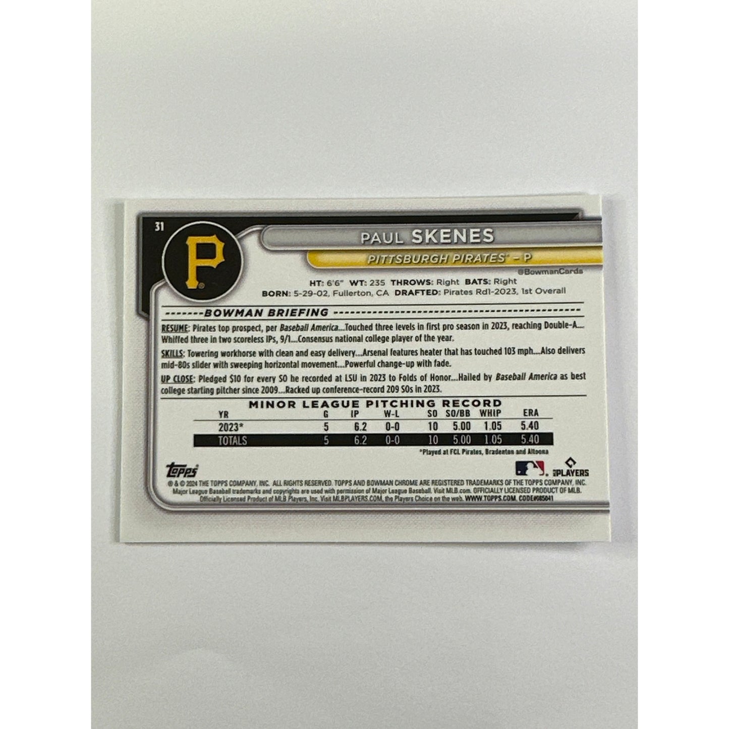 2024 Bowman Chrome Paul Skenes RC