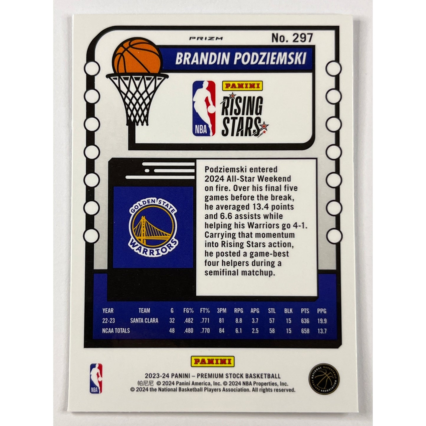 2023-24 Hoops Premium Stock Brandin Podziemski Rising Stars Silver Holo Prizm RC