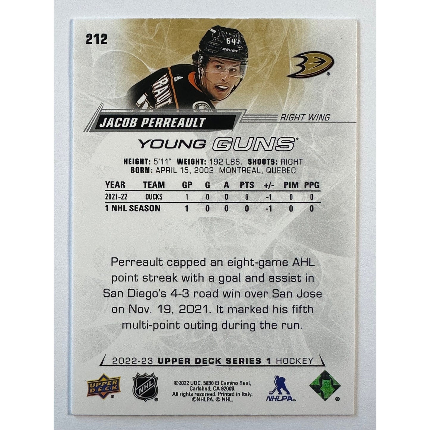2022-23 Upper Deck Series 1 Jacob Perreault Young Guns