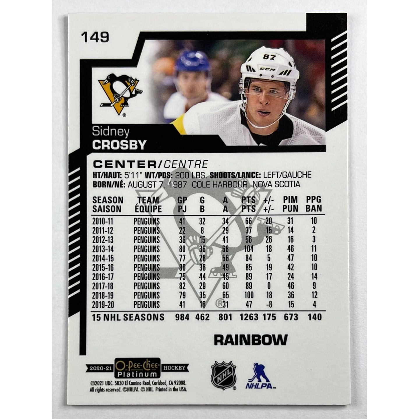 2020-21 O-Pee-Chee Platinum Sidney Crosby Rainbow