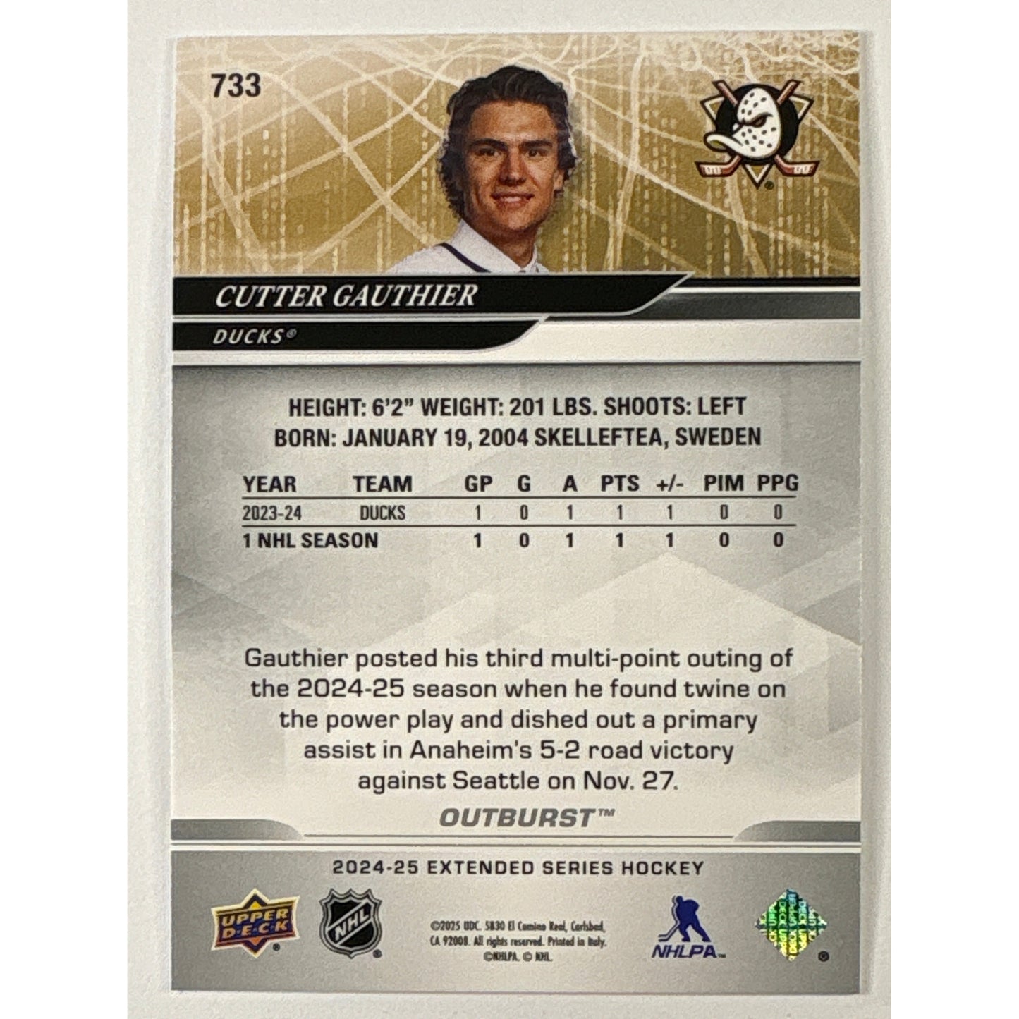 2024-25 Upper Deck Extended Series Cutter Gauthier Round 1 Draft RC Outburst