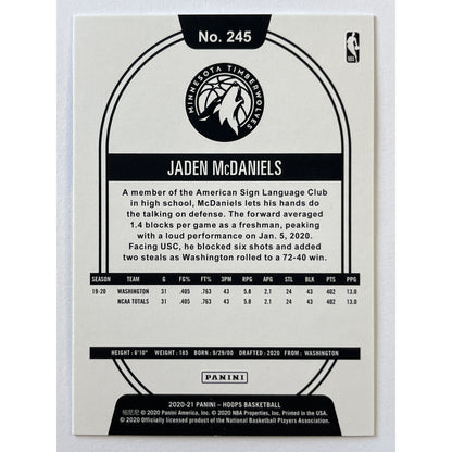 2020-21 Hoops Jaden McDaniels Yellow Flood RC