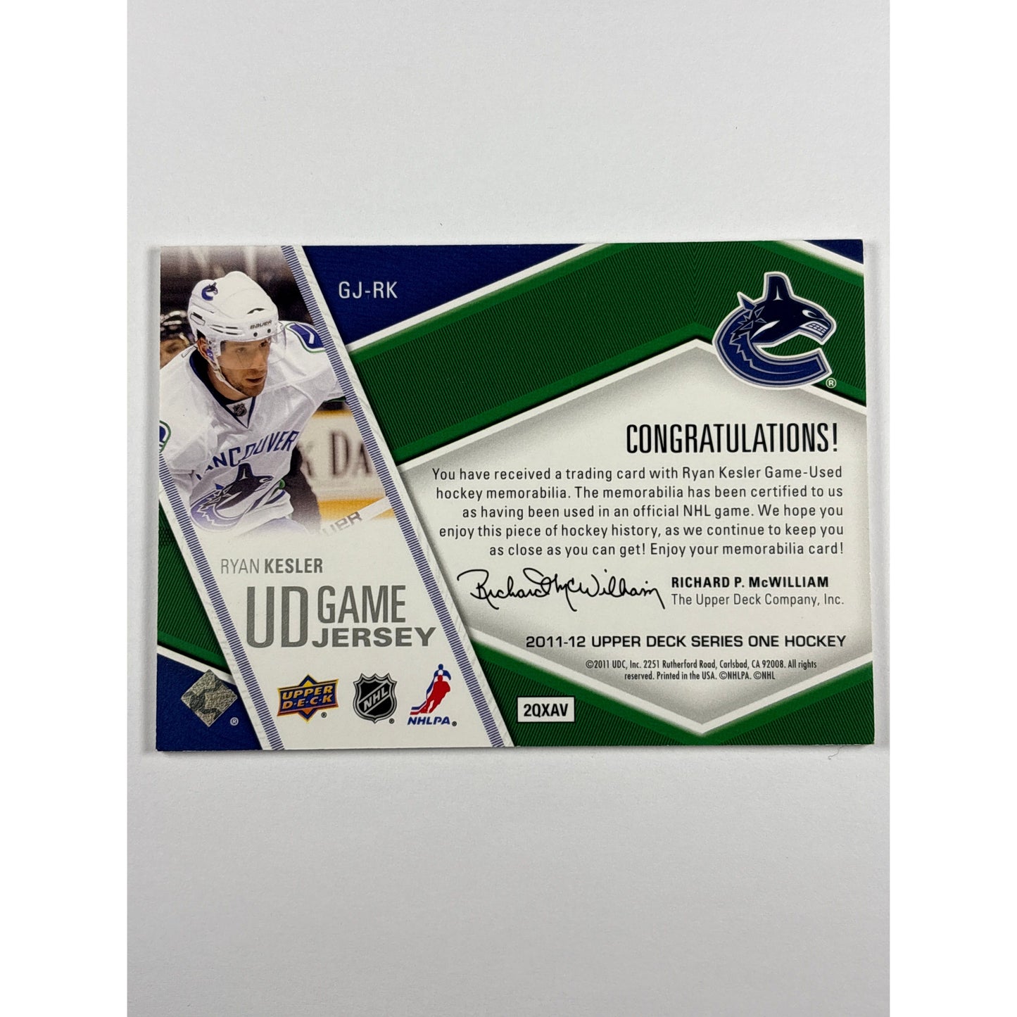 2011-12 Series 1 Ryan Kesler UD Game Jersey