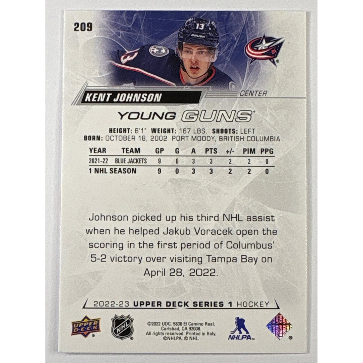 2022-23 Upper Deck Series 1 Kent Johnson Young Guns
